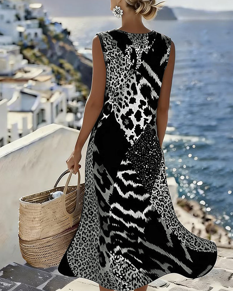Abito Senza maniche Lunghe di Stampa di Leopardo in Patchwork