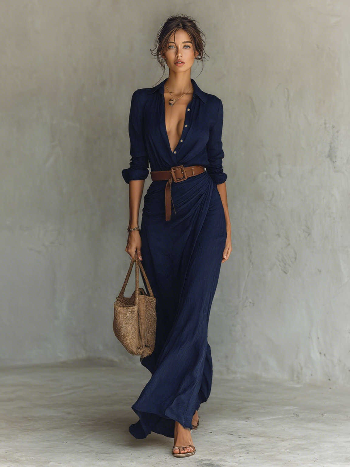 DANIELLE – ABITO CHEMISIER MAXI ELEGANTE CON CINTURA