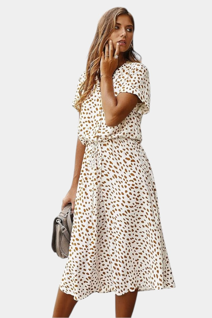 Rovena Abito midi di Pois con Collo Camisero e Vita Regolabile