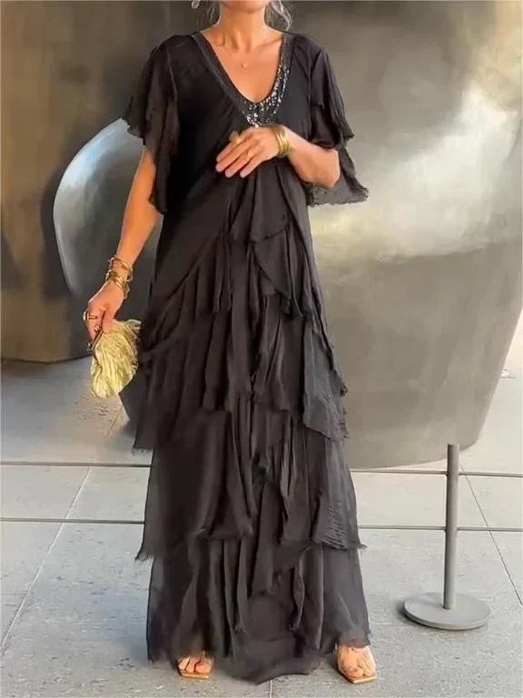 Abito maxi Elegante Collo a V e Maniche Fruncidas