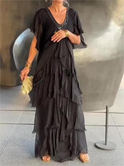 Abito maxi Elegante Collo a V e Maniche Fruncidas