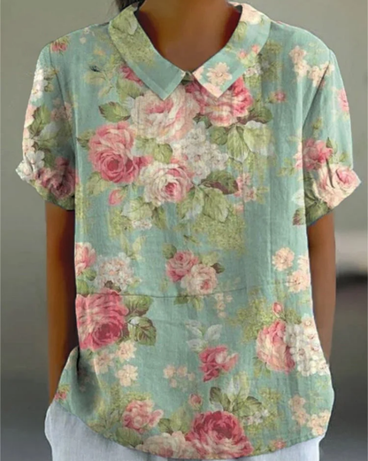 Beatrix - Camicia di Cotone-Lino con Fiori Retrò