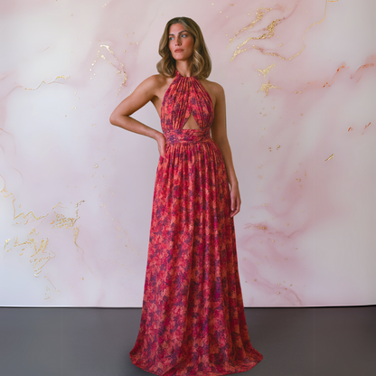 Vania – Elegante abito maxi floreale con espalda descubierta