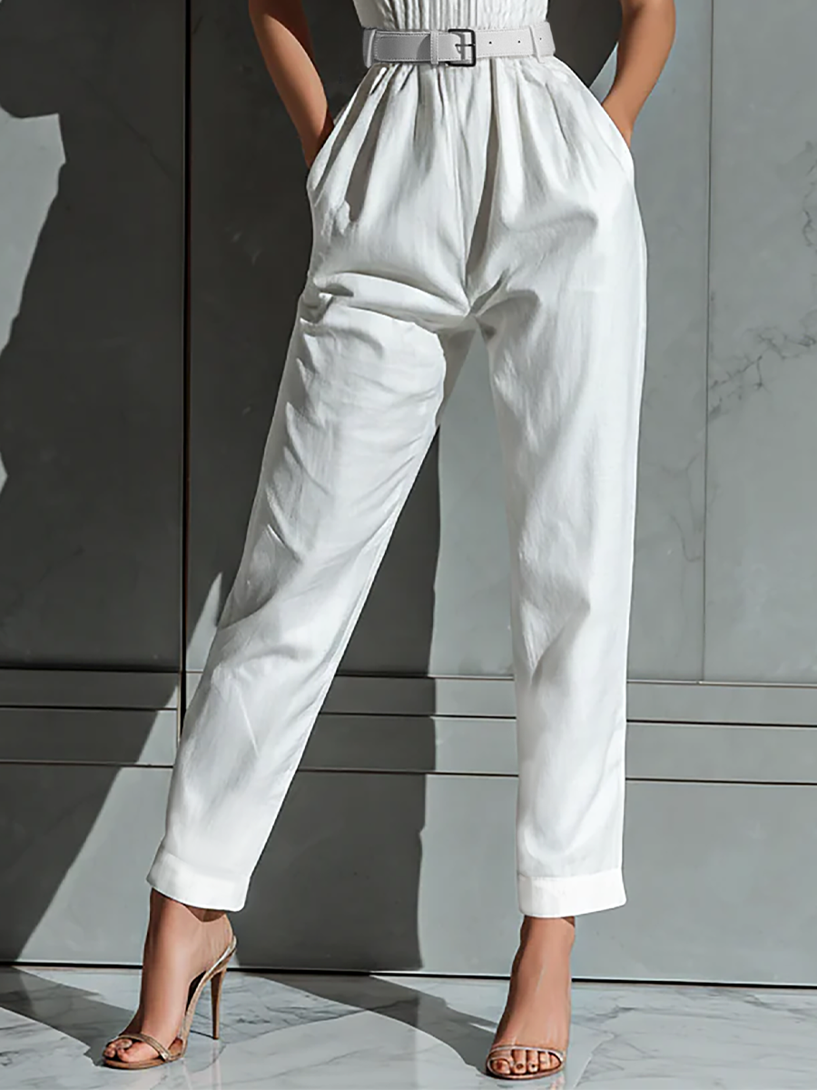 Jumpsuit ampio In cotone E Lino Colore Marfil Con Vita Delgada Per donna