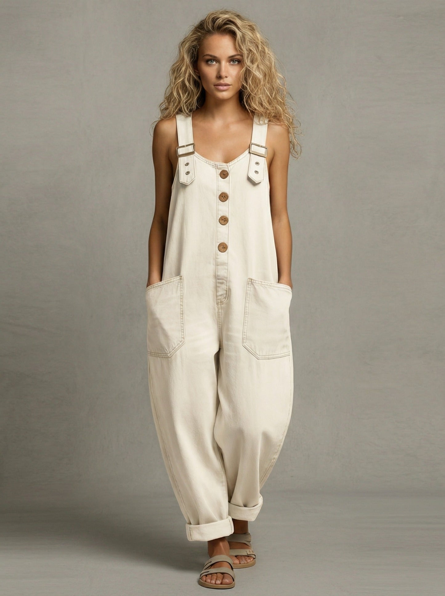 Rocio™ - Pantalone salopette casual in denim con hebilla regolabile.