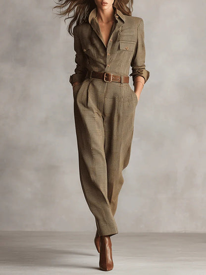 Alessia - Tuta Utilitario di Tweed Marrone con Motivo Raffinato