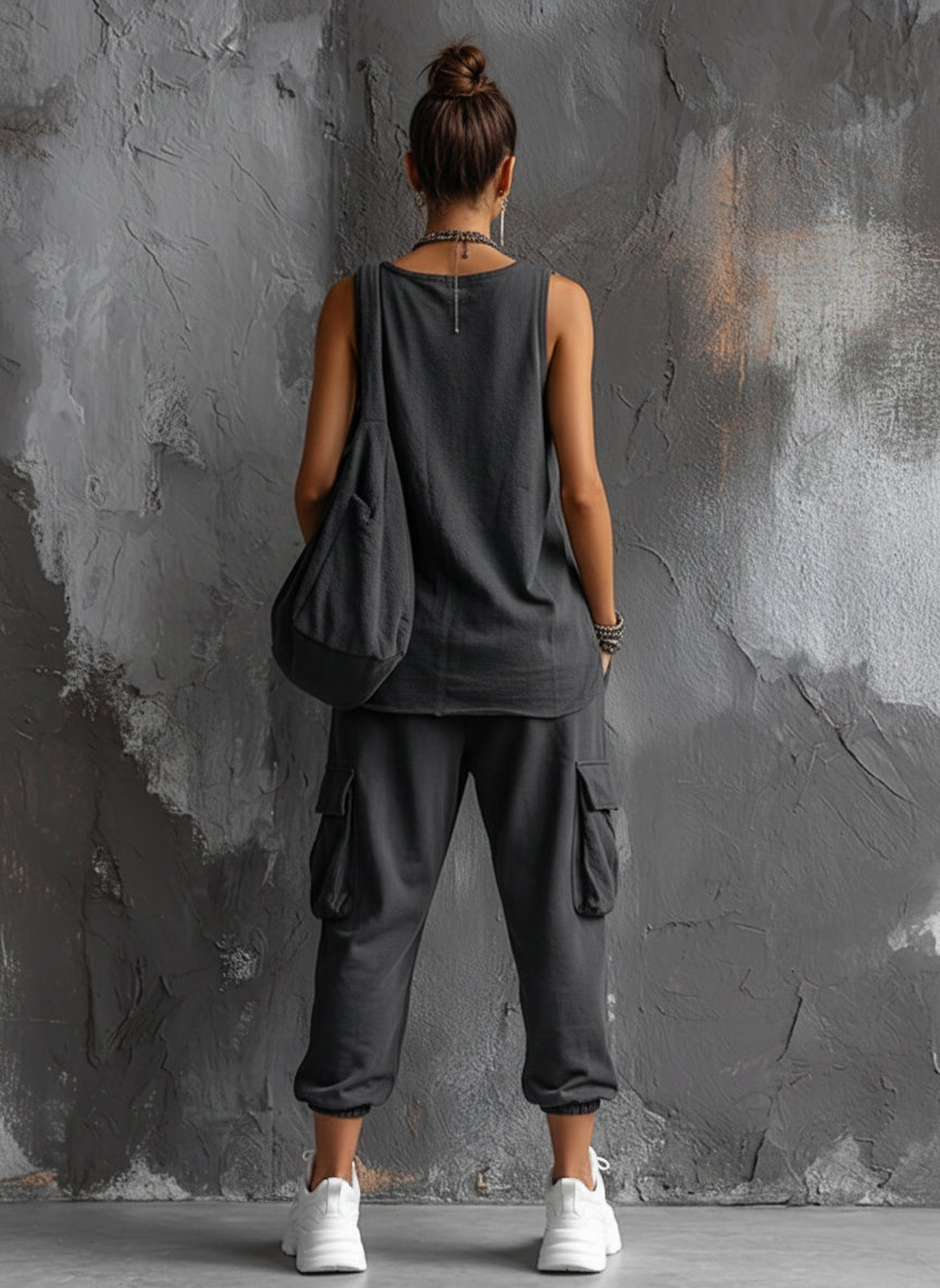 Completo Top senza maniche in Cotone Grigio scuro + Pantaloni cargo Jogger Stile Casual donna