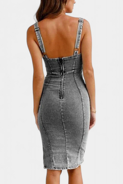 Janessa Abito Denim con Spalline Regolabili e Spacco Frontal