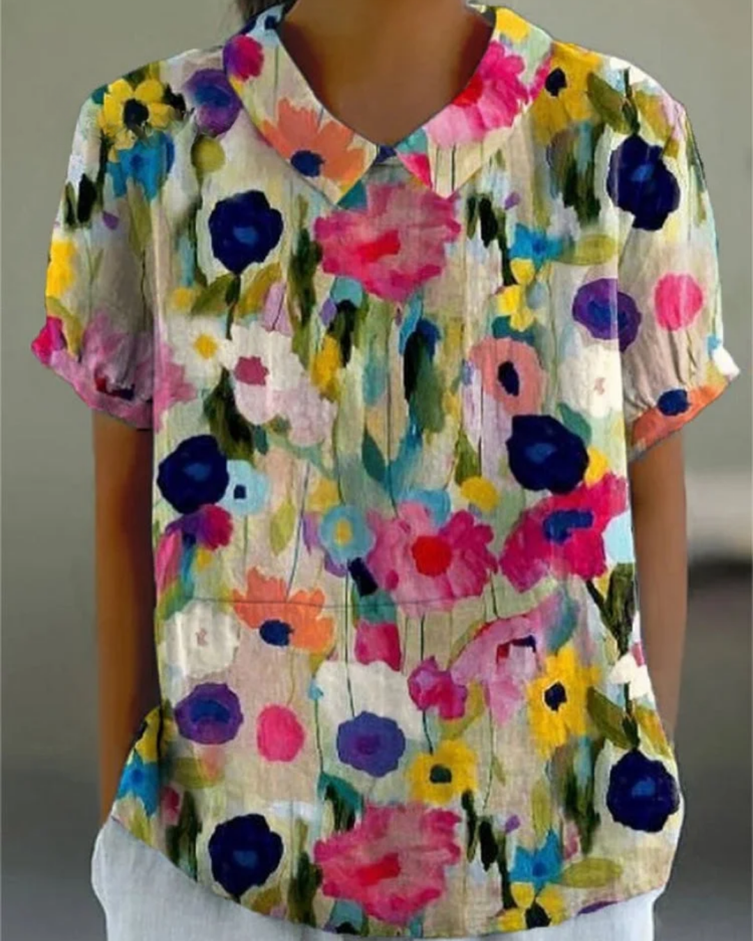 Beatrix - Camicia di Cotone-Lino con Fiori Retrò