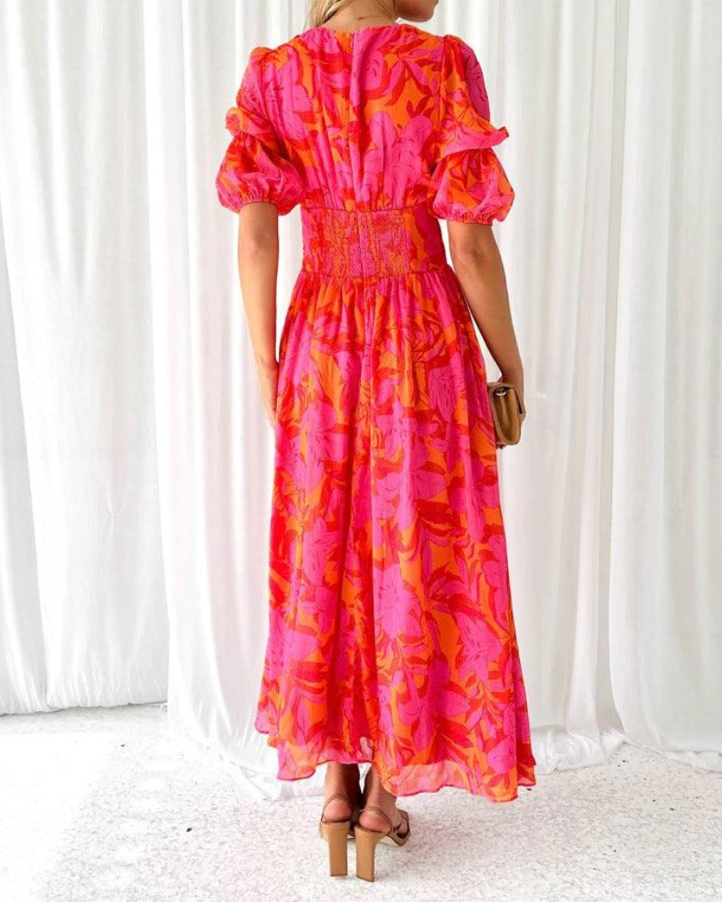 Zynelle | Elegante abito maxi con scollo a V e maniche a palloncino