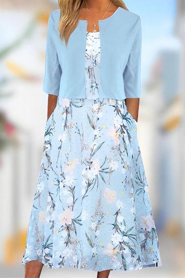 Abito midi Unico con Stampa di Plantas in Blu e Giacca