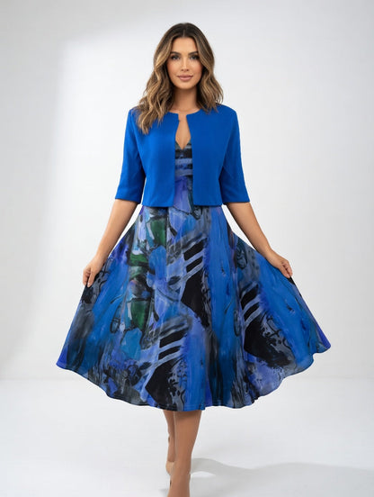 Abito midi Fluido con Bolero - Stampa Artistico Elegante