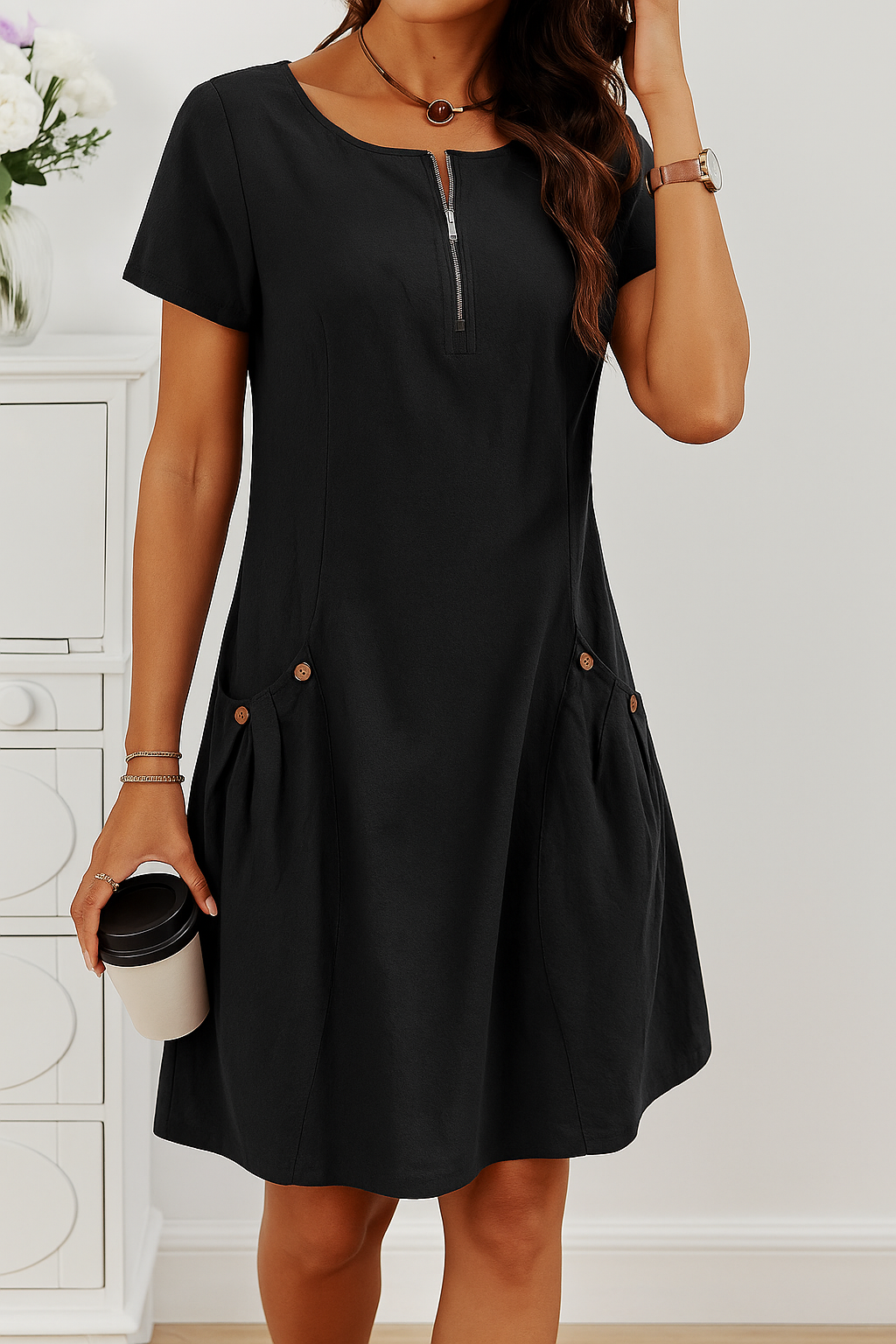 Rudina - Elegante Abito in cotone di Maniche corte con tasche