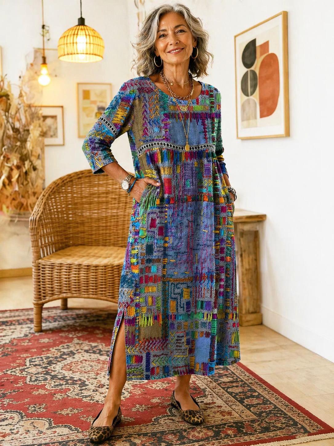 Manuela | Abito in denim con Patchwork etnico