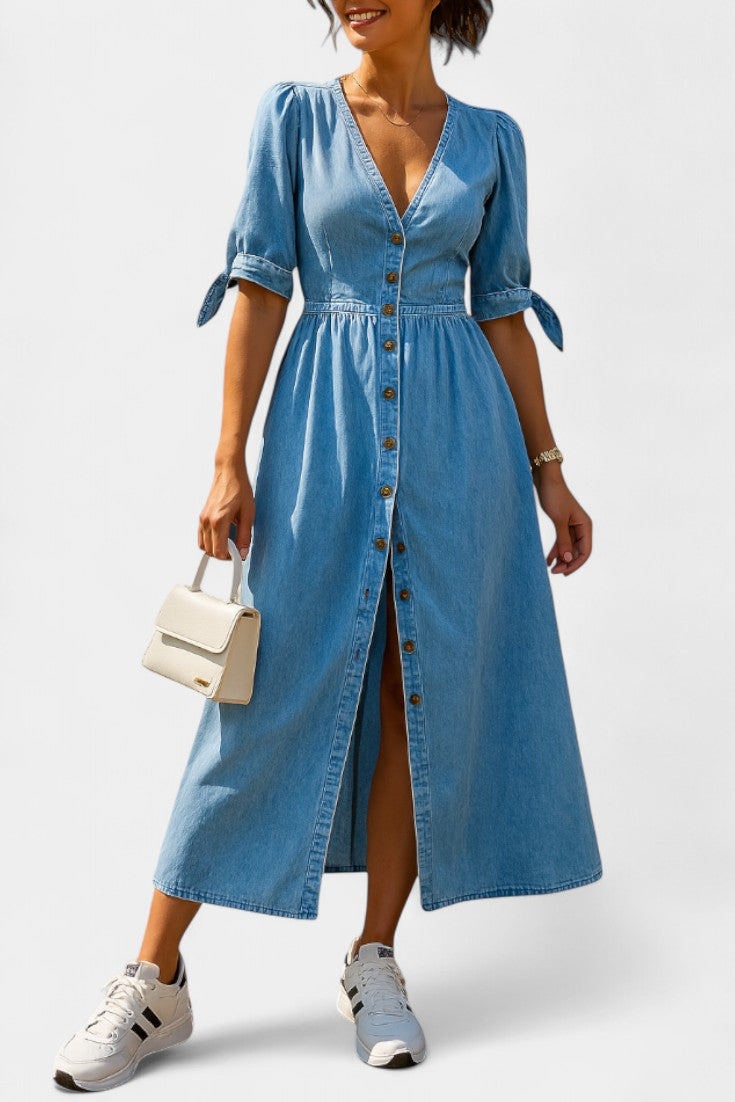 Adelina Abito midi in denim con Bottoni e scollo a V