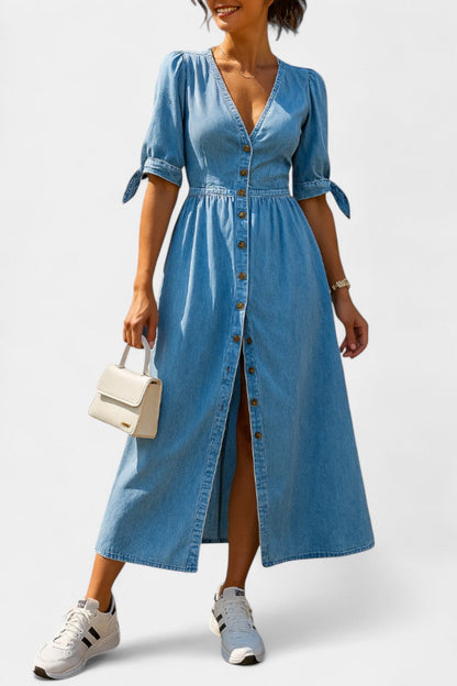 Adelina Abito midi in denim con Bottoni e scollo a V