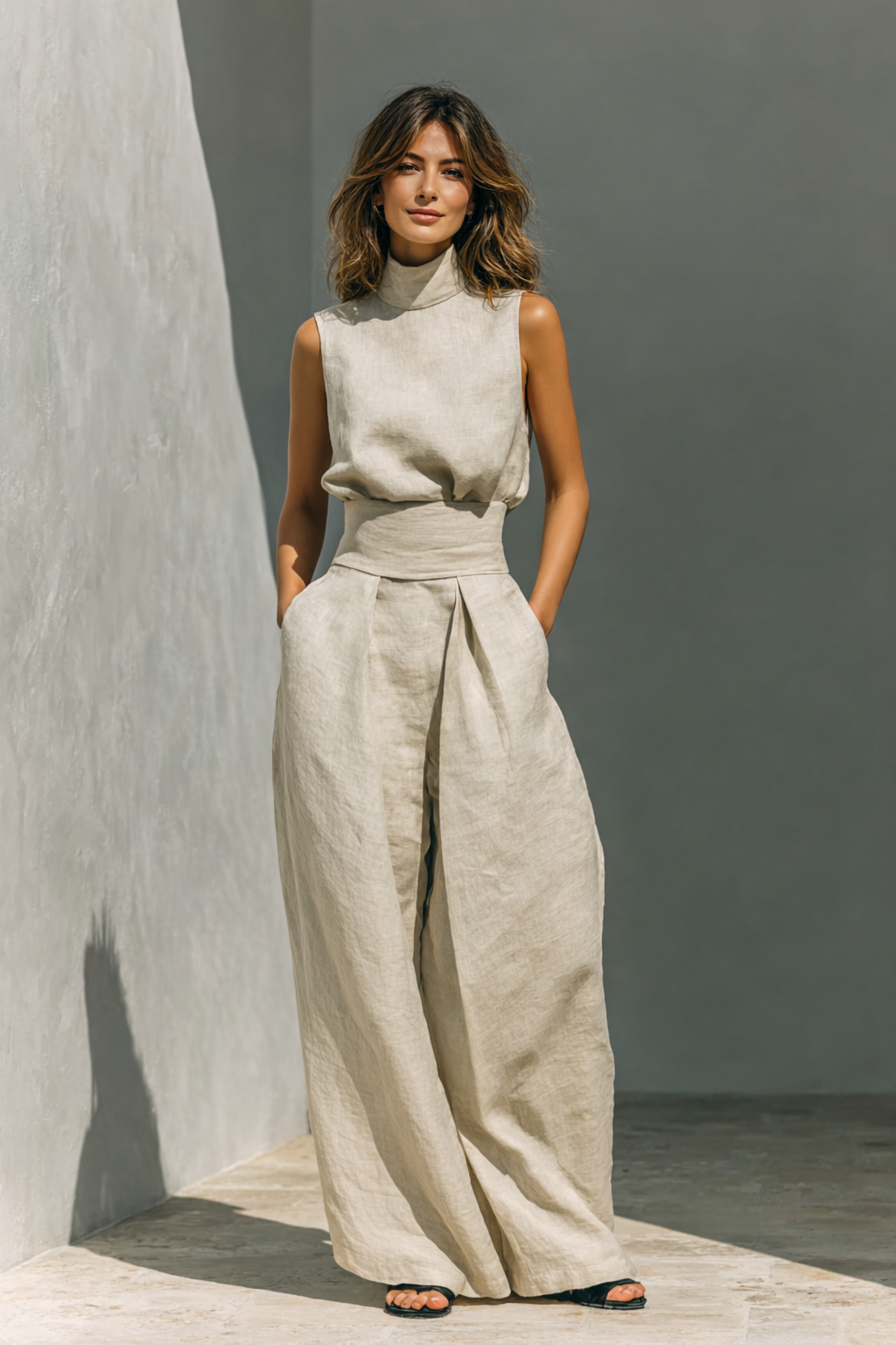María - Set di top e pantaloni ampi in cotone e lino minimalista per donna