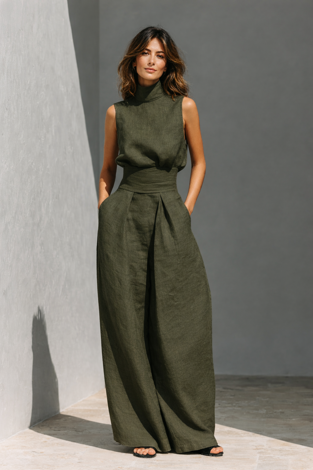 María - Set di top e pantaloni ampi in cotone e lino minimalista per donna
