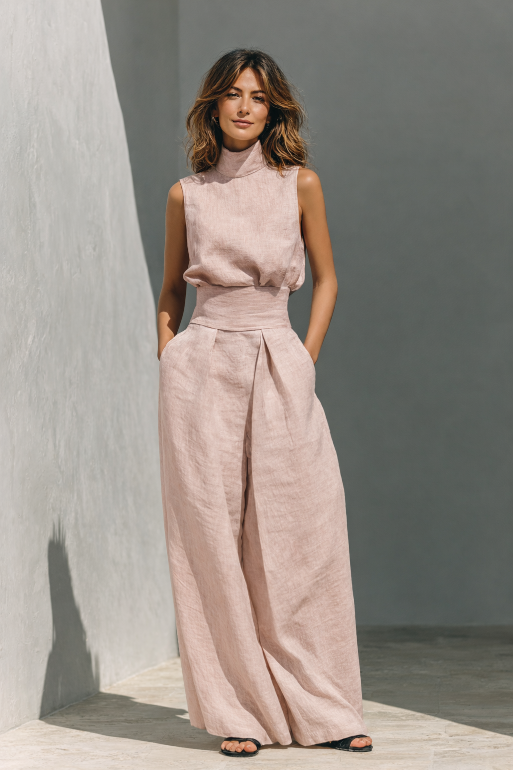 María - Set di top e pantaloni ampi in cotone e lino minimalista per donna
