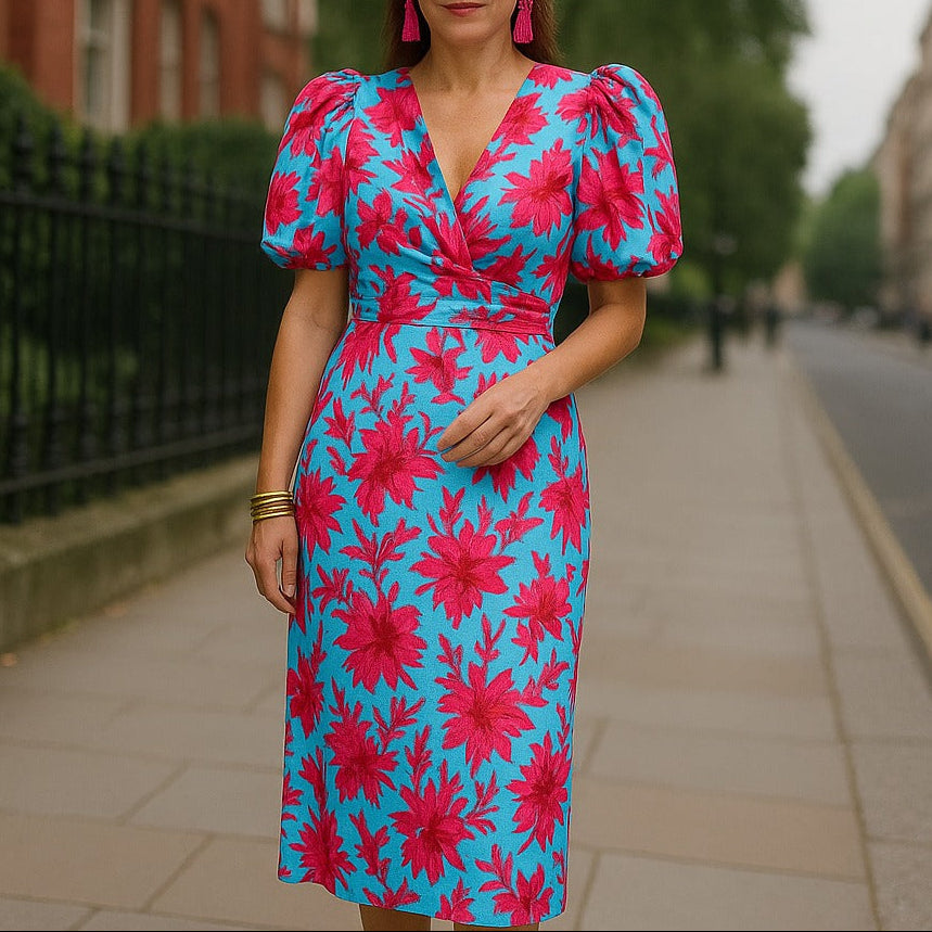 Robe Midi Elegante con Maniche Voluminosas