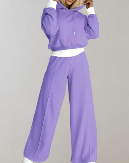 Set da donna di due pezzi – Felpa corta con capucha e pantaloni a gamballarga