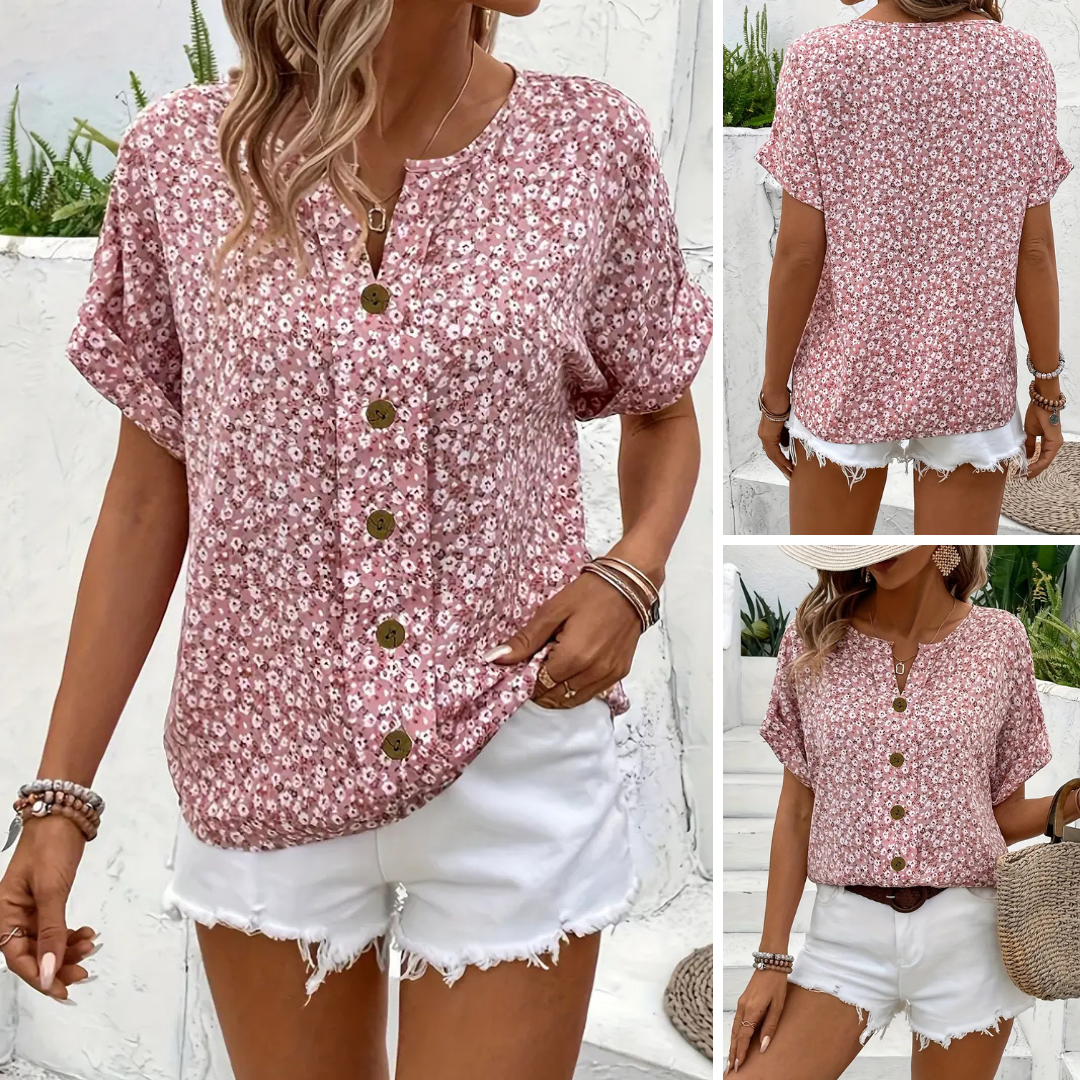 Cindy™ | Blusa di Colore con Collo Notched di Impressione Floreale