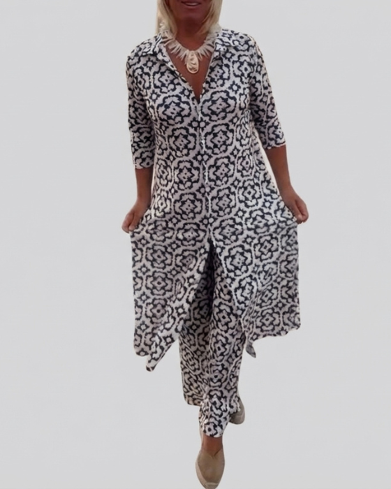 Sara | Completo di Túnica con Stampa Geometrico Boho e Pantaloni a gamba larga