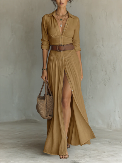 Abito Maxi Elegante con Collo a Revers e Maniche Lunghe in Lino-Cotone