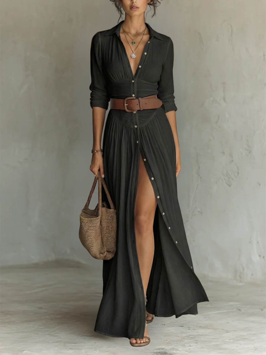 Abito maxi Lungo con Collo e Maniche lunghe in lino per donna