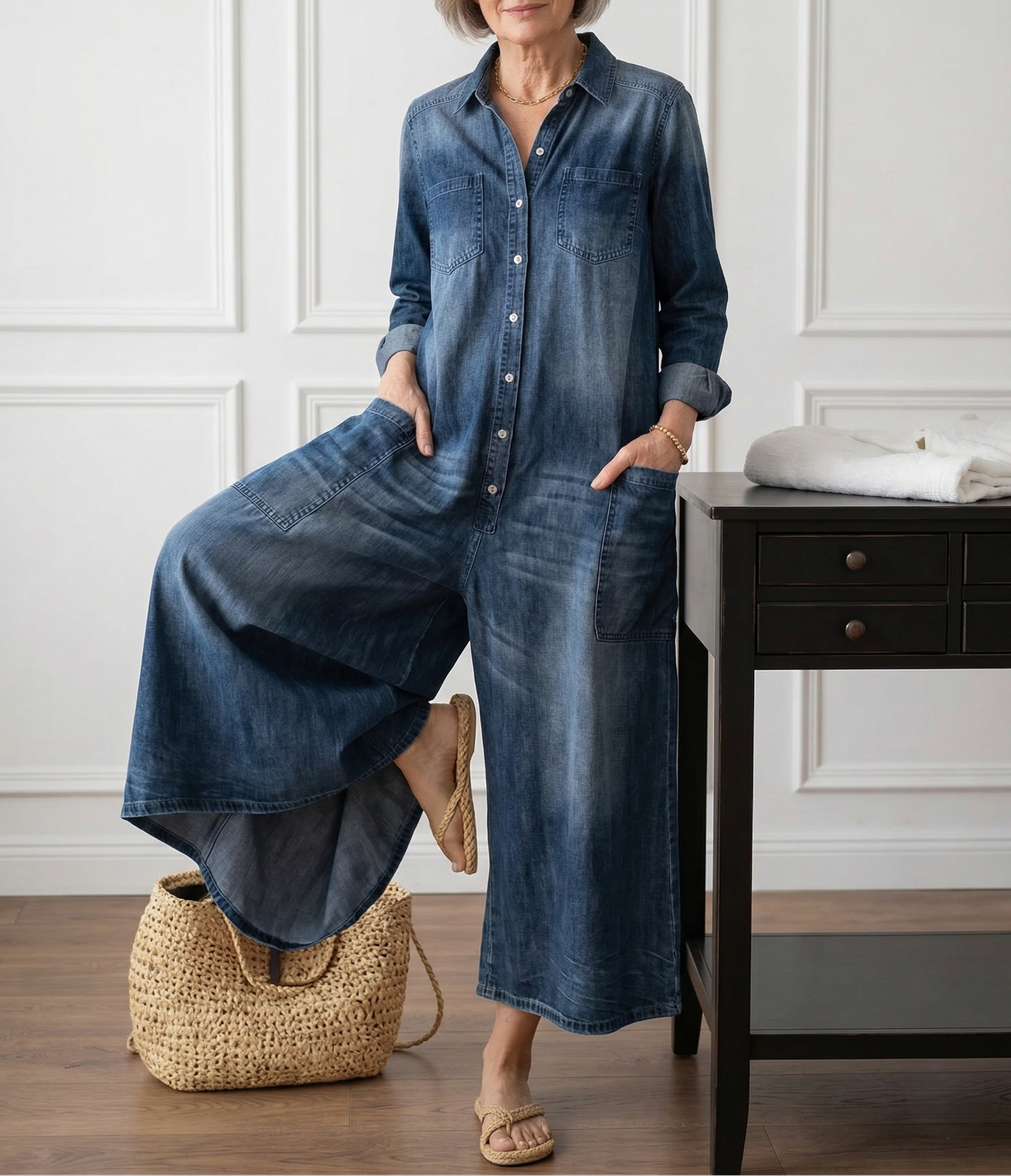 Saylor - Pantalone di Spalline di Denim di Cotone Lavaggio Vintage con Chiusura di Bottone
