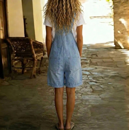 Michelle - Pantalone salopette in denim morbido lavaggio vintage azzurro