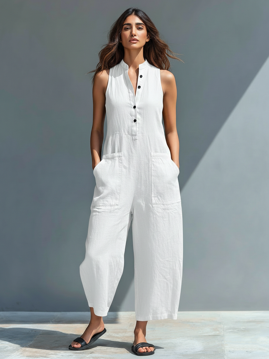 Pantalone senza maniche di misto in lino con collo alto e bottoni per donne