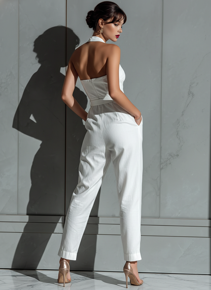 Jumpsuit ampio In cotone E Lino Colore Marfil Con Vita Delgada Per donna