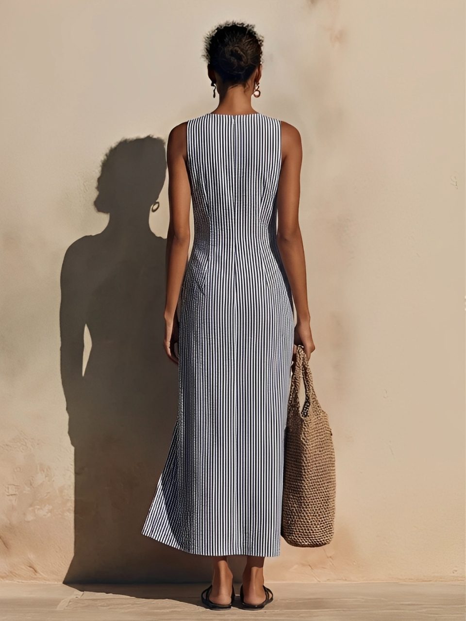 Abito maxi in cotone Blu-Bianco a righe per donna con stile Blazer e Doppio Botonadura, Abito Náutico Casual Senza tempo