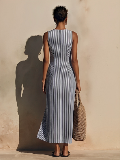Abito maxi in cotone Blu-Bianco a righe per donna con stile Blazer e Doppio Botonadura, Abito Náutico Casual Senza tempo