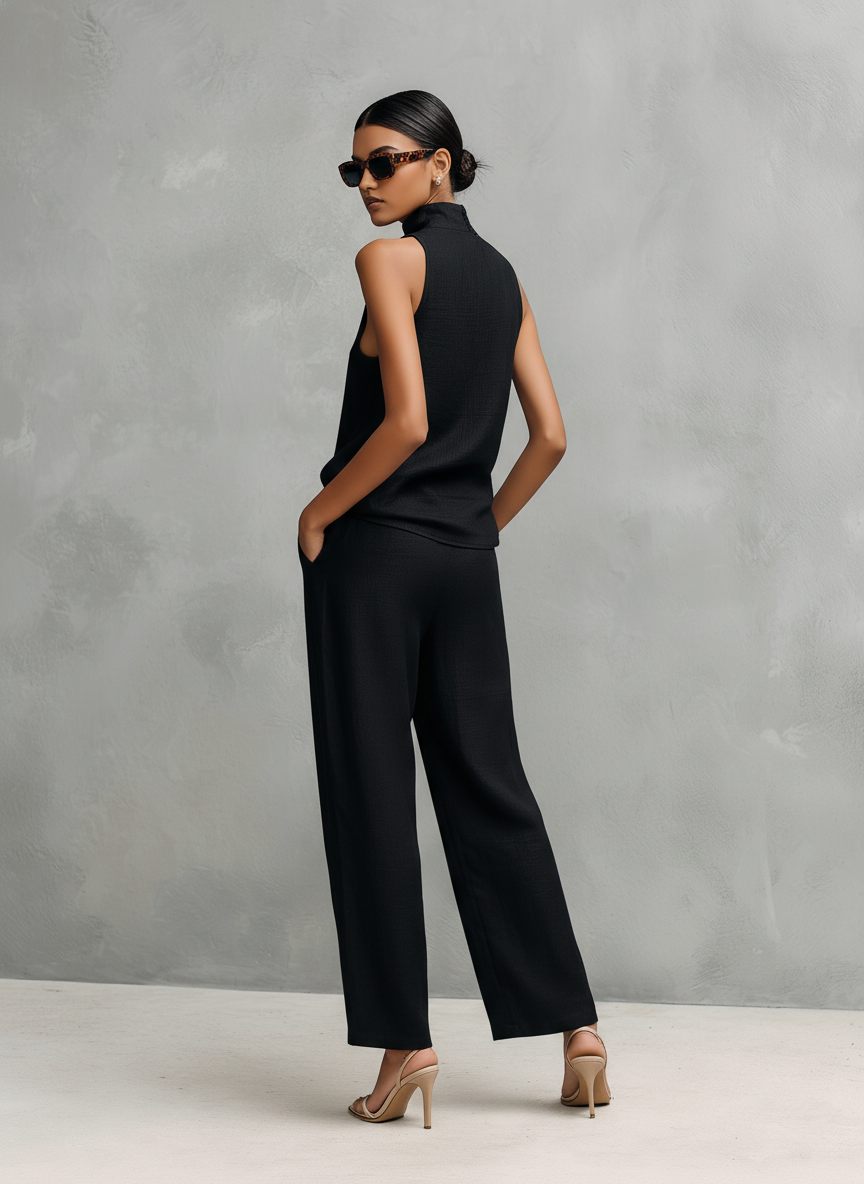 Completo con top senza maniche e Pantaloni Elegantes in cotone e Lino Nero per donna