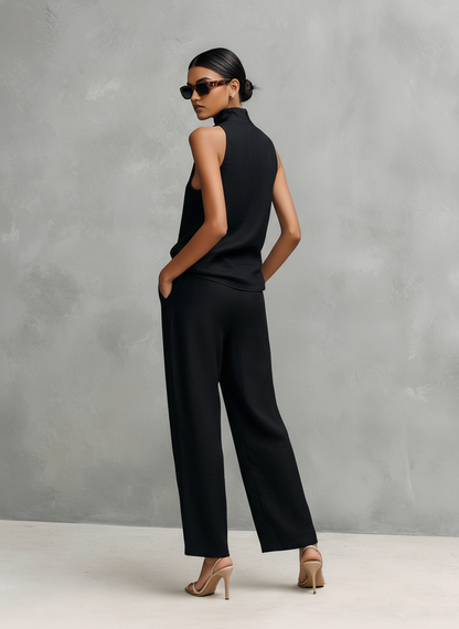 Completo con top senza maniche e Pantaloni Elegantes in cotone e Lino Nero per donna
