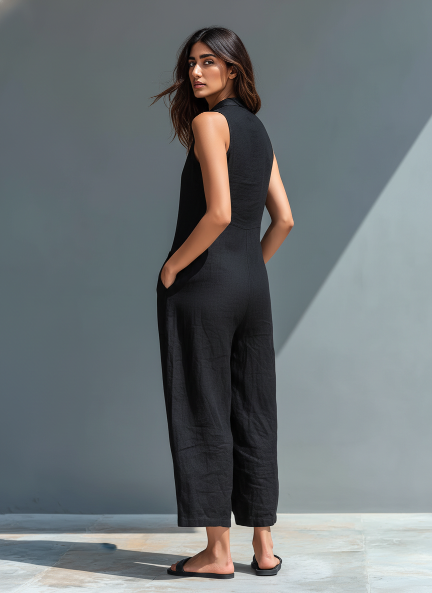 Pantalone senza maniche di misto in lino con collo alto e bottoni per donne