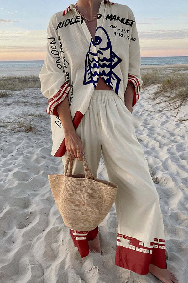 Rounelle - Set di Lino con Stampa di Peces Azules