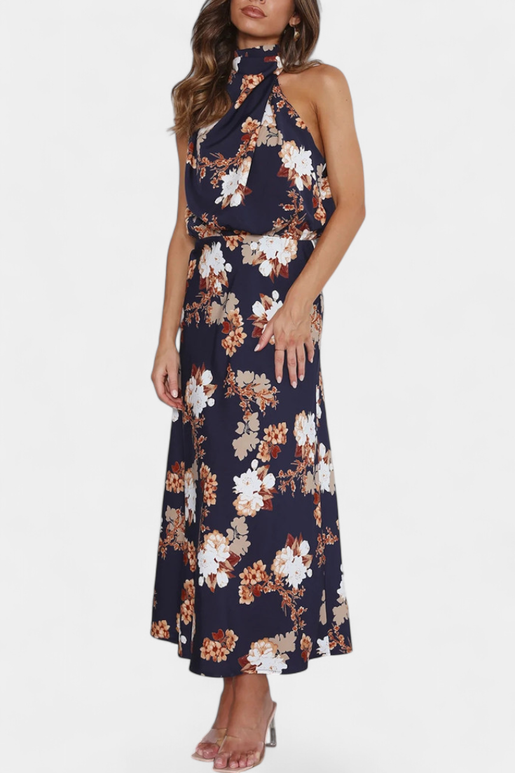 Lisa Abito maxi Floreale con Collo halter e Vita Elástica