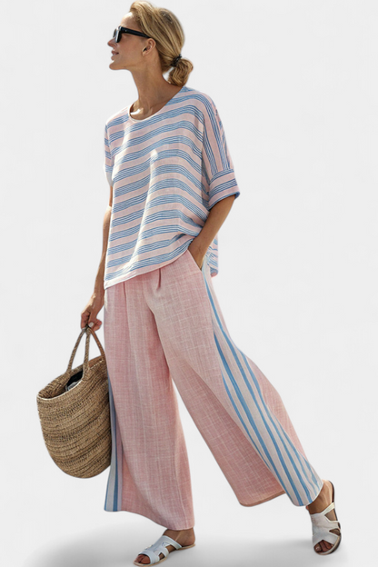 Virella | Blusa in lino Elegante in Rosa e Blu & Pantaloni Morbidi