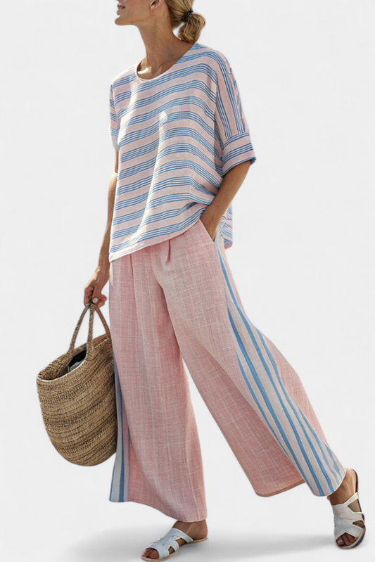 Virella | Blusa in lino Elegante in Rosa e Blu & Pantaloni Morbidi