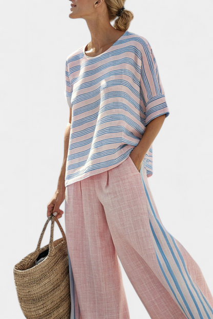 Virella | Blusa in lino Elegante in Rosa e Blu & Pantaloni Morbidi