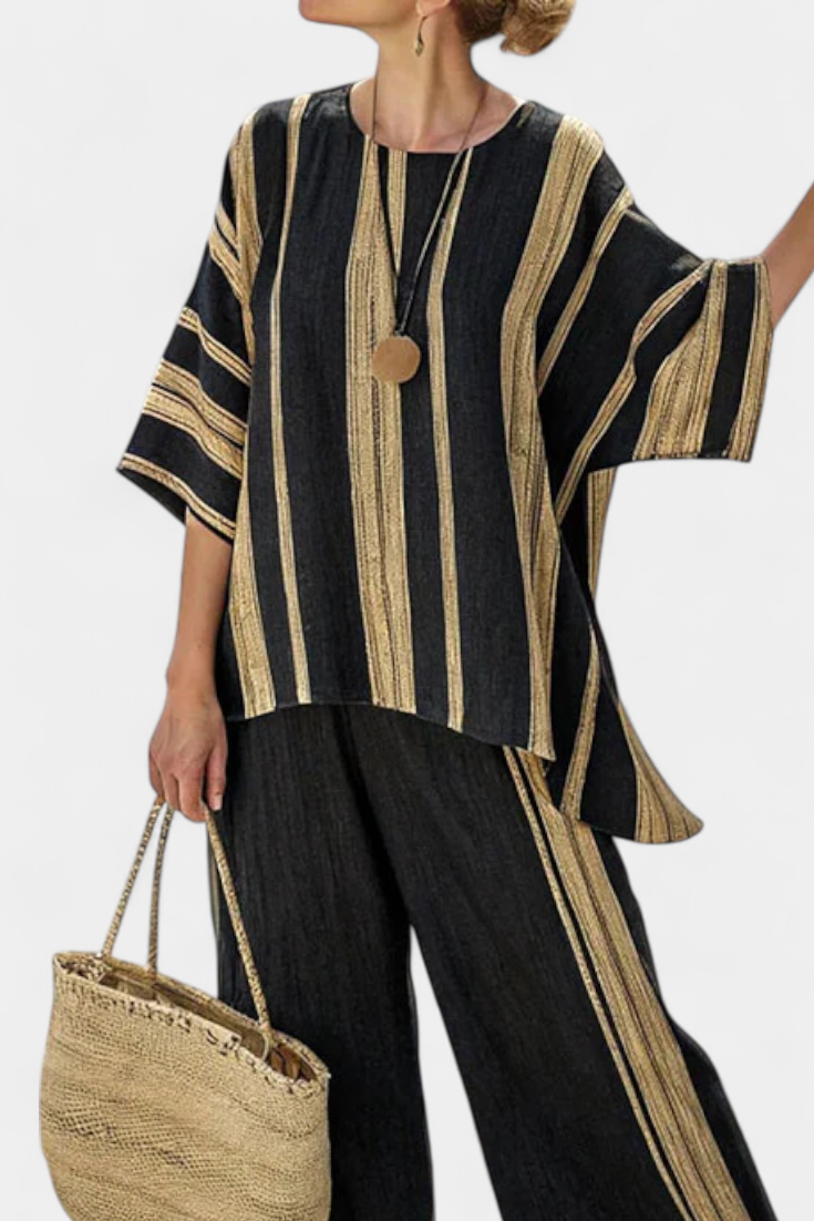 Calden | Set di Top di Righe Oversized e Pantaloni di Lino Relajados