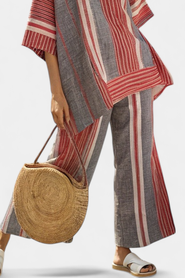 Bravine | Elegante Top di Lino Coral-Grigio e Pantaloni a gamba larga