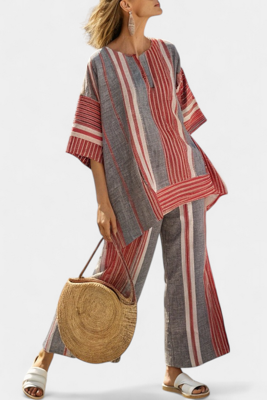 Bravine | Elegante Top di Lino Coral-Grigio e Pantaloni a gamba larga
