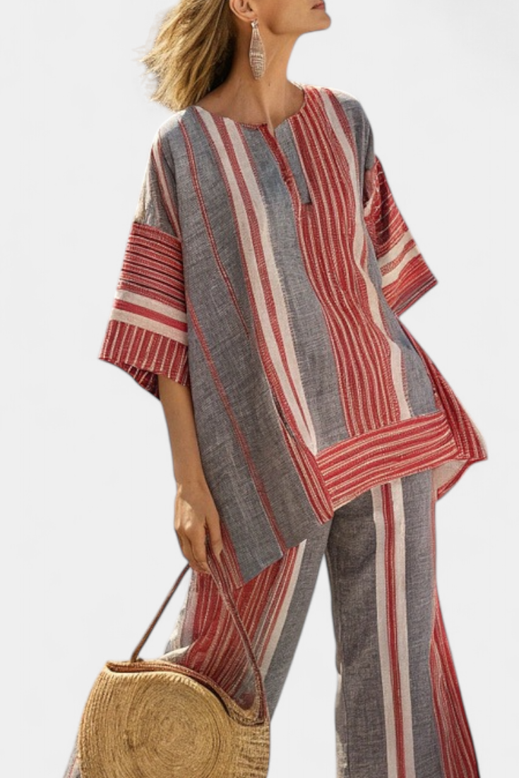Bravine | Elegante Top di Lino Coral-Grigio e Pantaloni a gamba larga