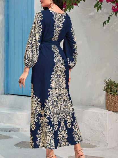 TOVE – ABITO LUNGO DI SETA CON SCOLLO A V BLU NAVY PER DONNE