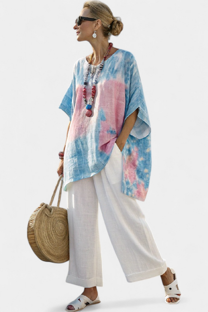 Vantrel | Blusa in lino Comoda e Rilassata & Pantaloni di Bambù a Righe