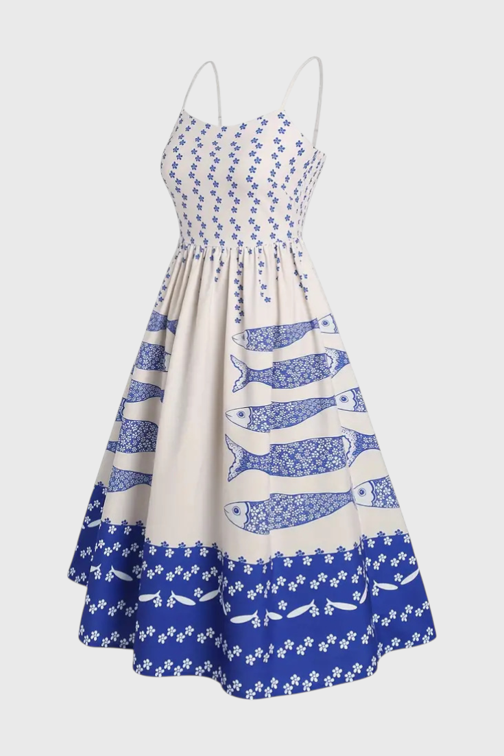 Maricela Abito Vintage con Spalline e Stampa di Sardinas